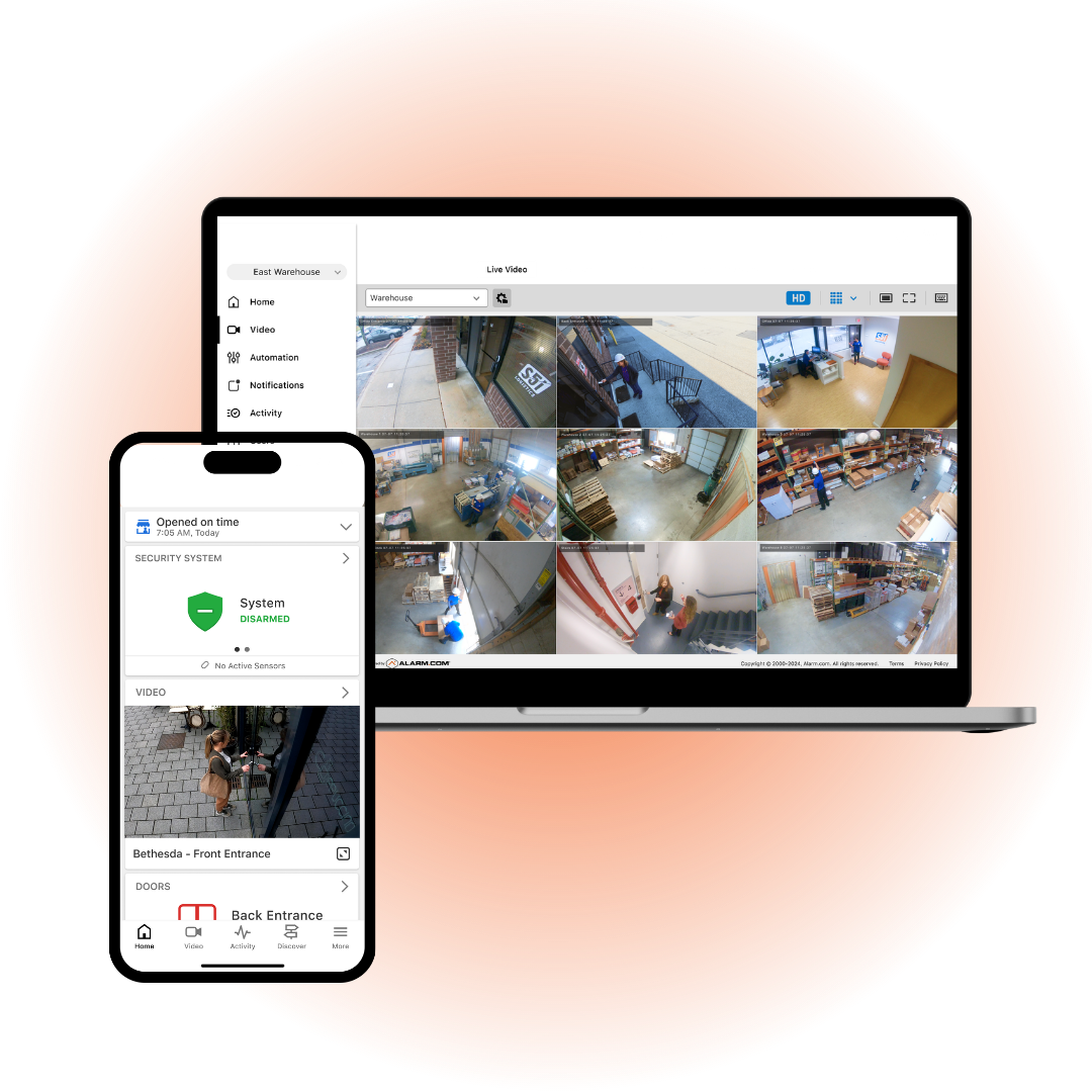 Laptop showing nine live warehouse security camera feeds and smartphone displaying security system status and video.
