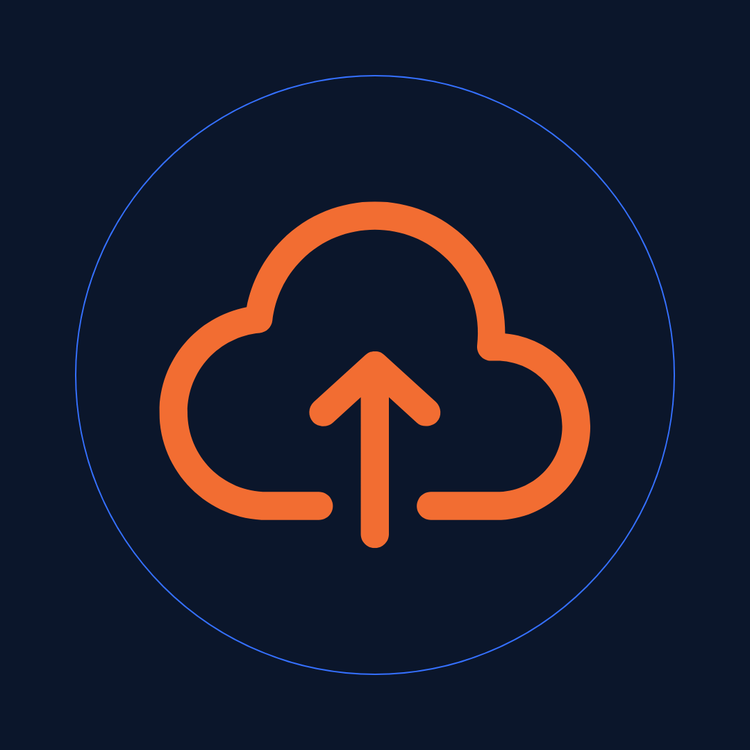 Orange cloud icon with an upward arrow inside on a dark blue background.