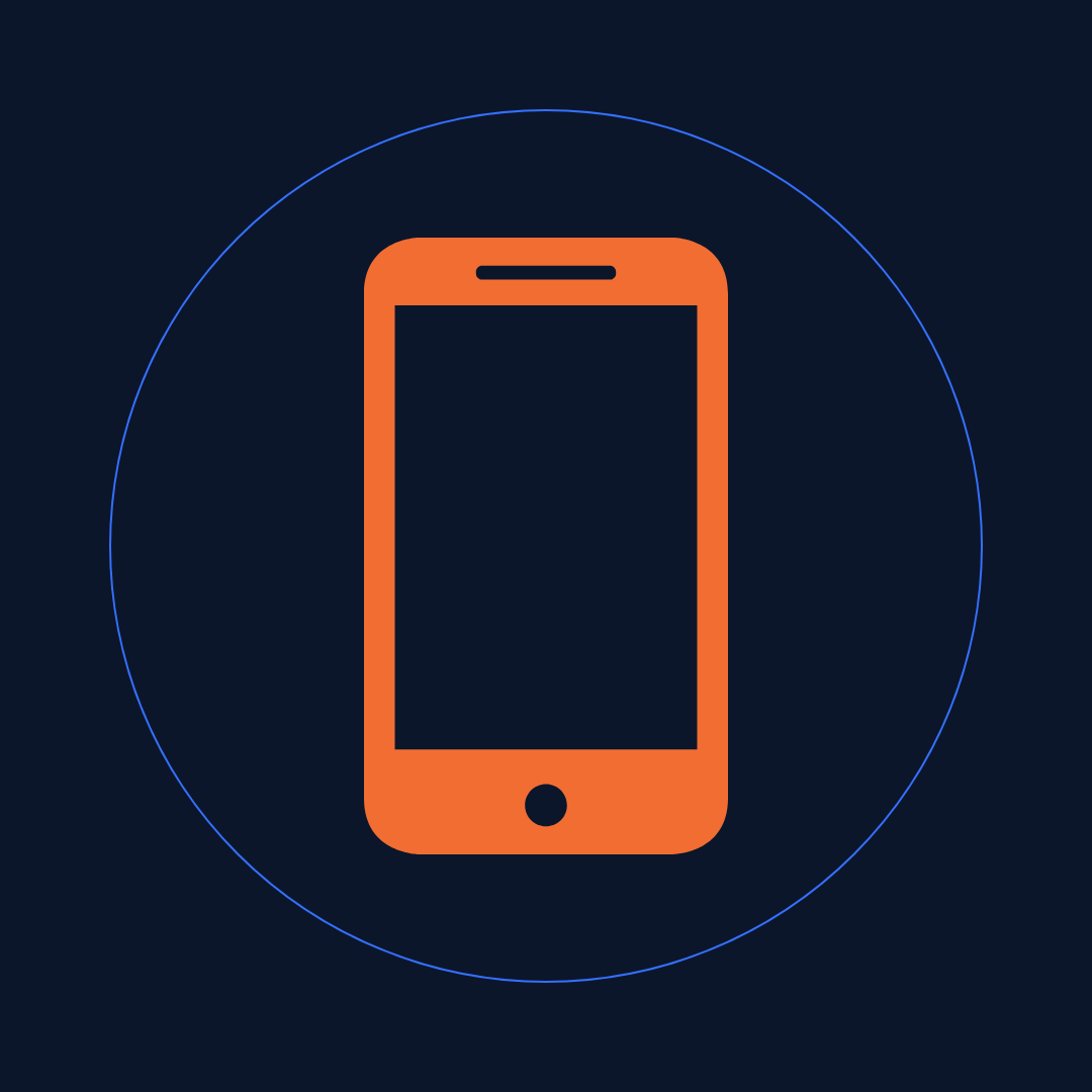 Orange smartphone icon inside a thin blue circle on a dark blue background.
