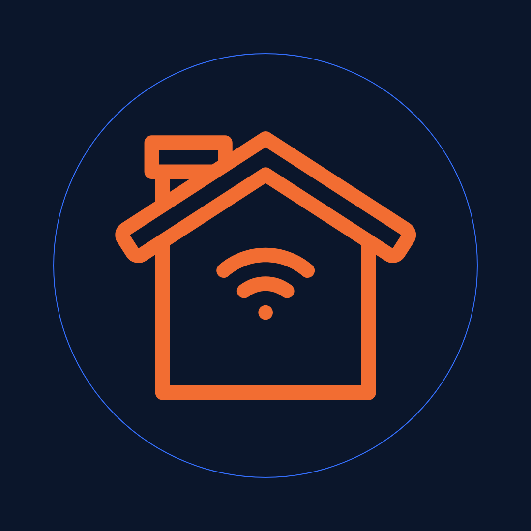 Orange smart home icon with Wi-Fi symbol inside a house on dark blue background.