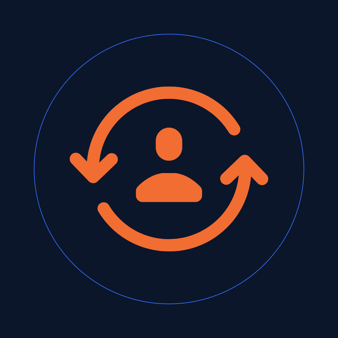 Orange user icon with two circular arrows around it on a dark blue background.