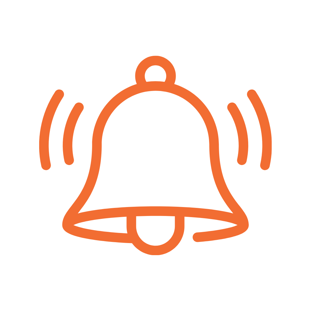 Orange ringing bell icon with motion lines on black background.