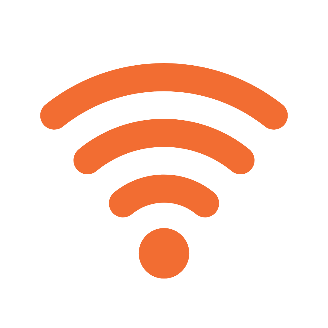 Orange Wi-Fi signal icon with three curved lines on a black background.