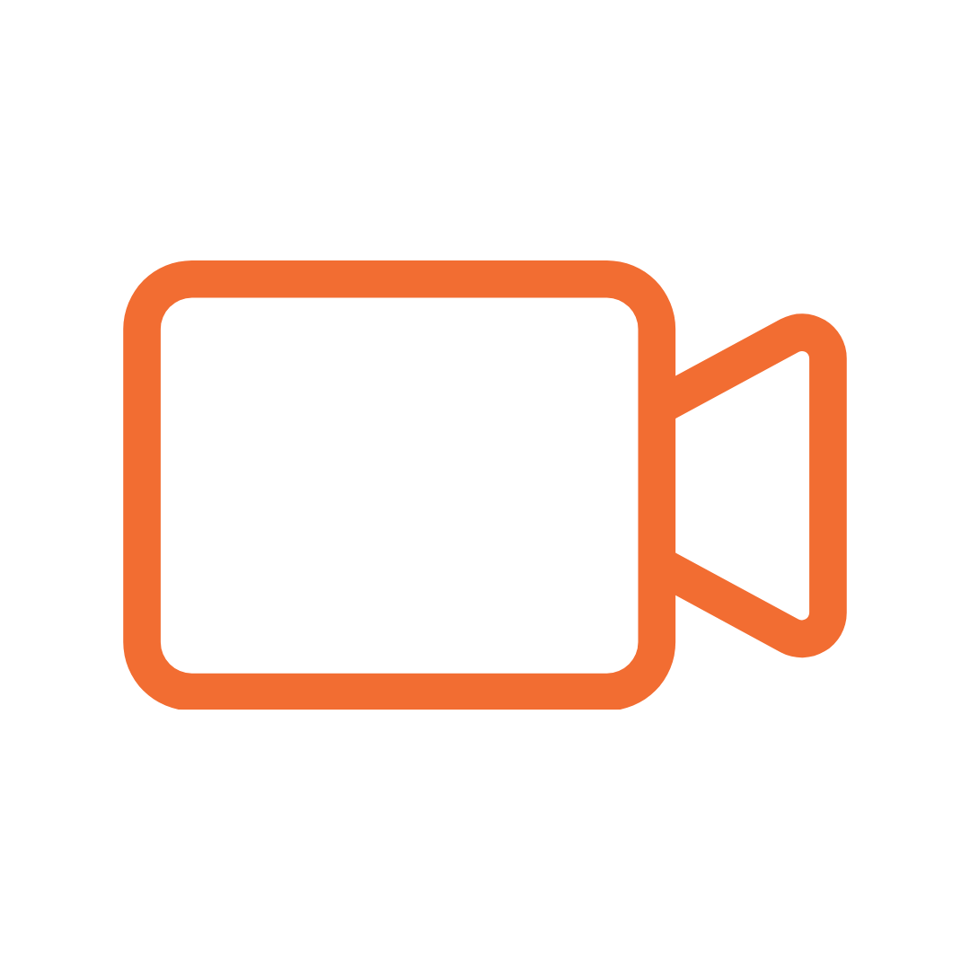 Orange video camera icon against a transparent background.