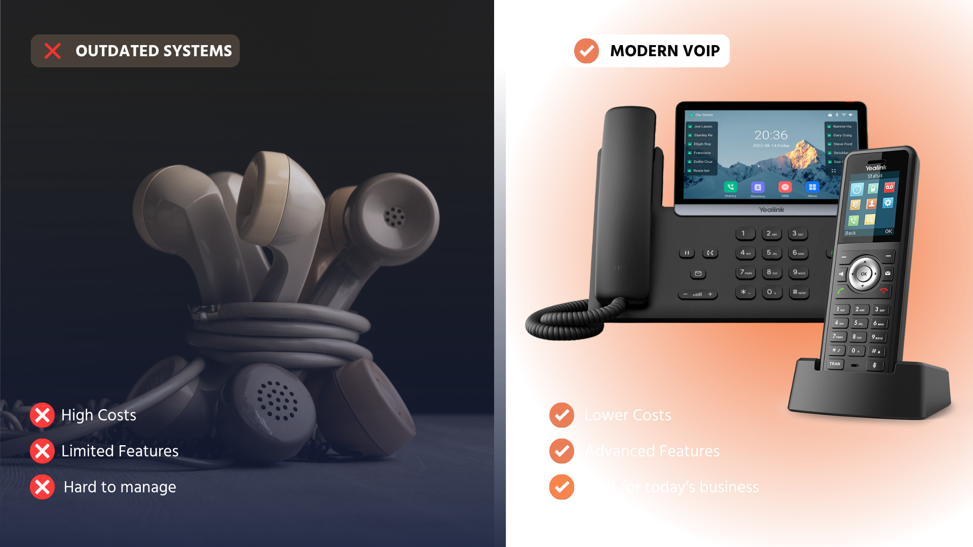 Comparison of outdated phones with cords and modern VoIP phones with touchscreens and advanced features.