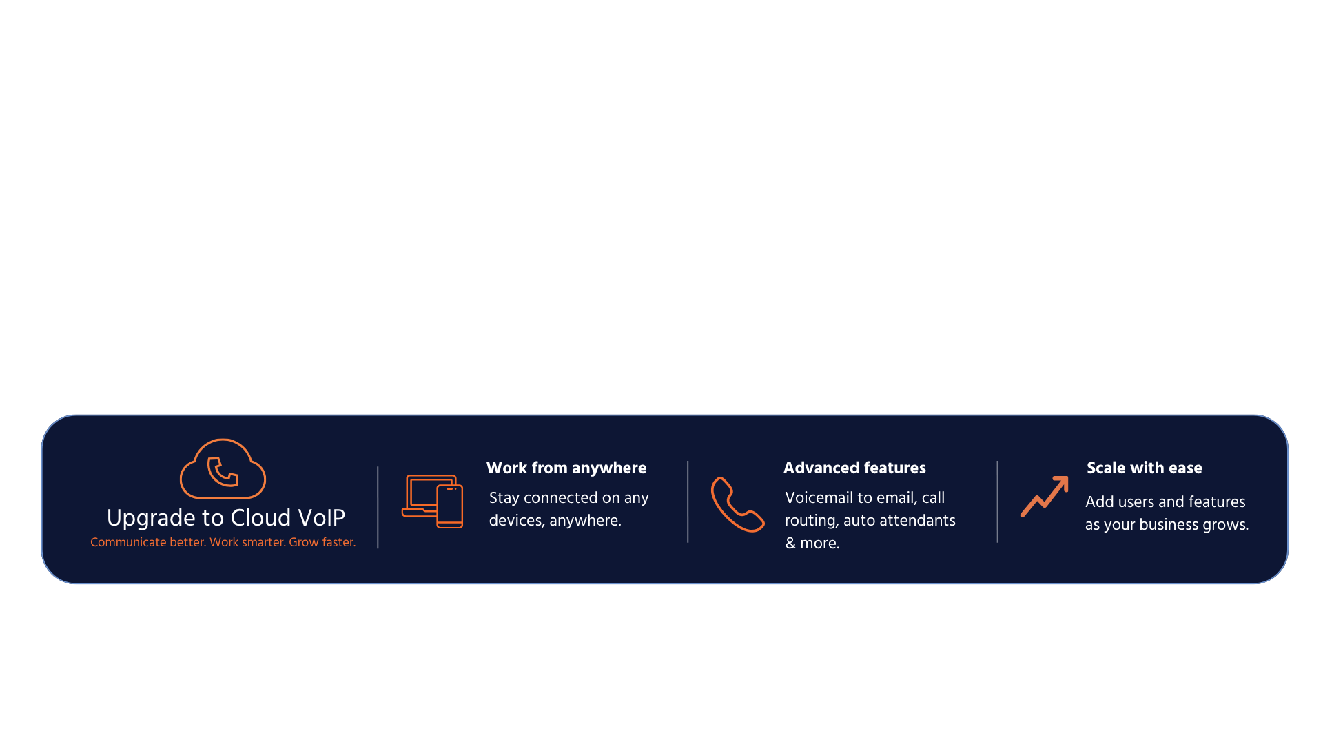 Upgrade to Cloud VoIP with icons for working anywhere, advanced features, and easy business scaling.
