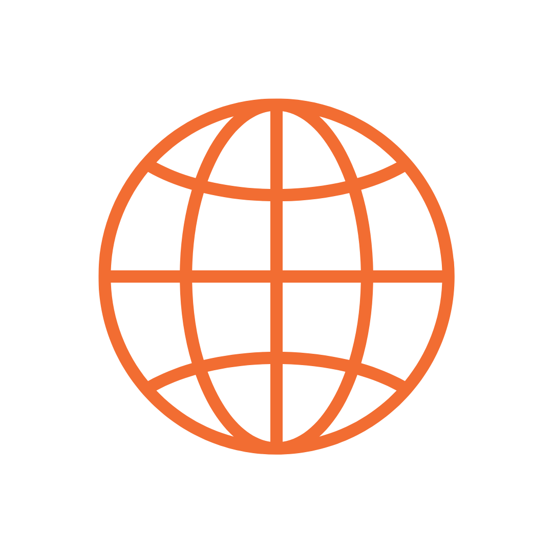 Orange globe icon with longitude and latitude lines on a black background.