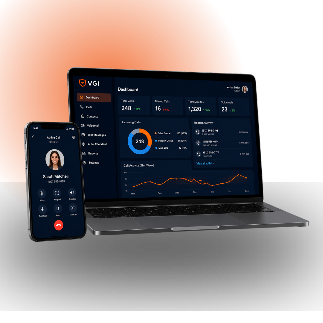 Mobile phone active call screen and laptop displaying VGI dashboard with call stats and recent activity.