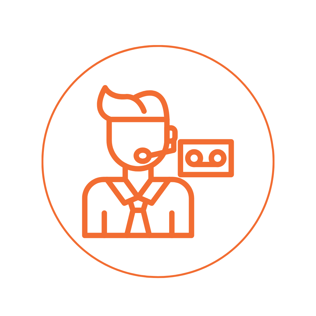 Orange line icon of a customer service agent with headset and voice message symbol in a circle.