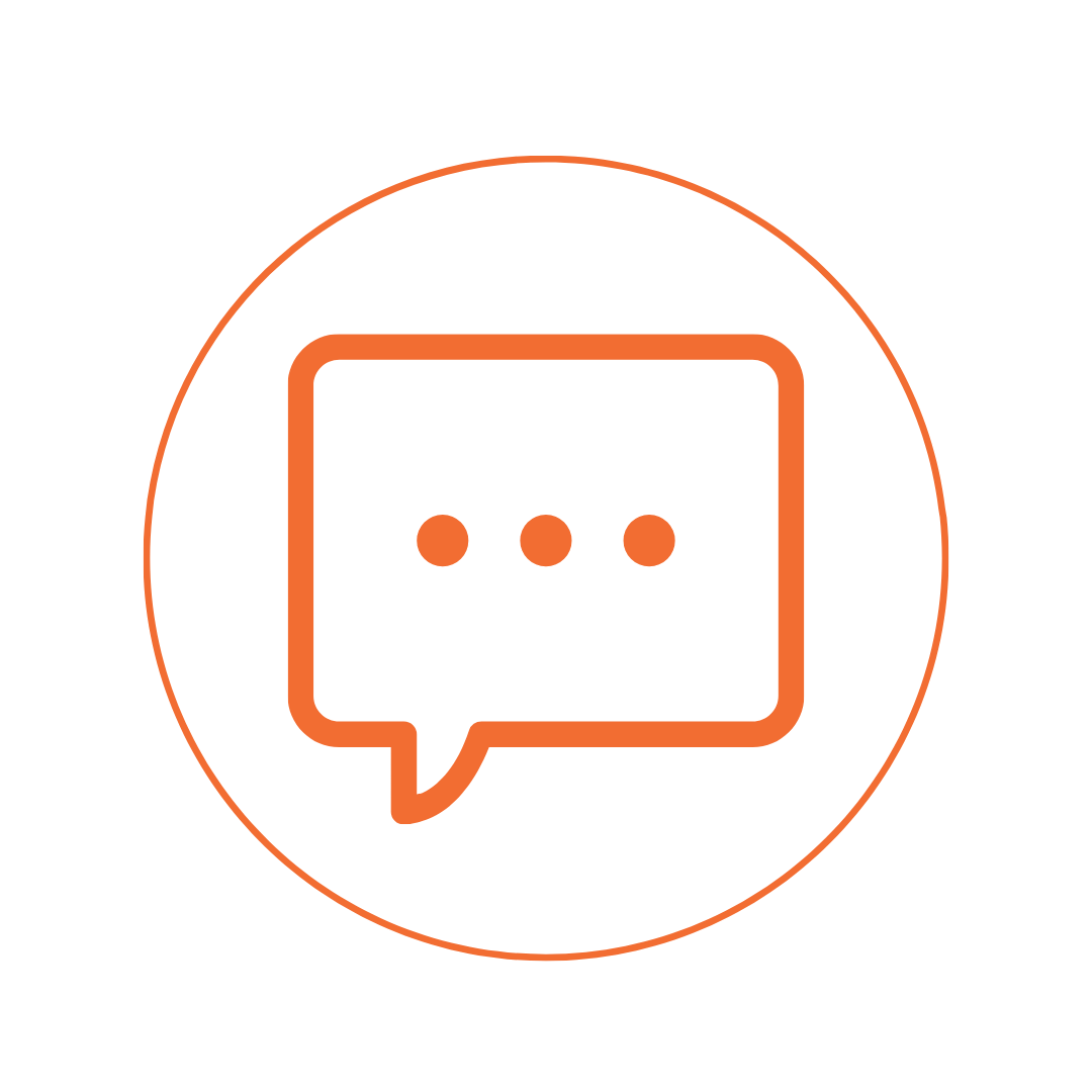 Orange speech bubble with three dots inside, enclosed in a thin orange circle on black background.