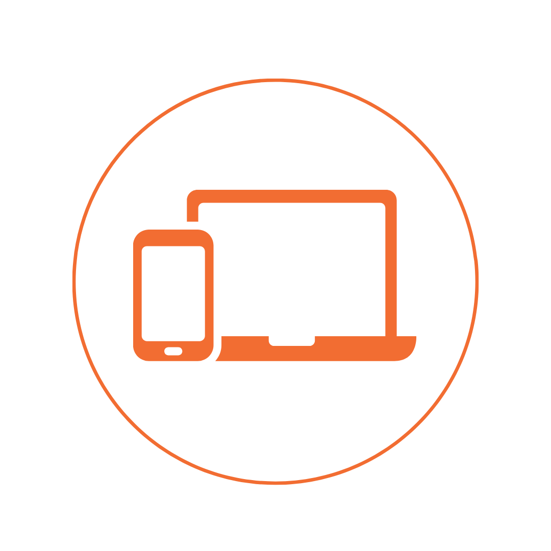 Orange icon of a smartphone next to a laptop inside an orange circle on black background.