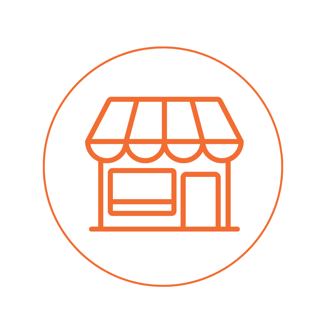 Orange outline icon of a small storefront with an awning inside an orange circle.