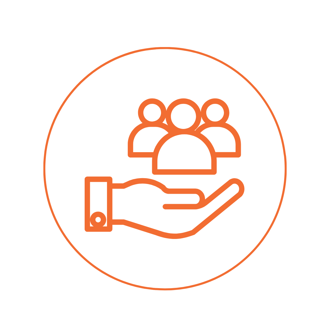 Orange outline of a hand holding three people icons inside a circle on a black background.