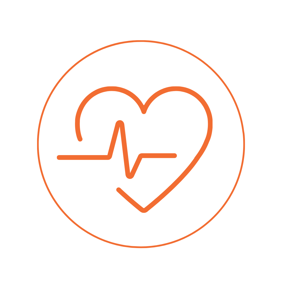 Orange heart outline with heartbeat line inside, enclosed in a thin orange circle on black background.