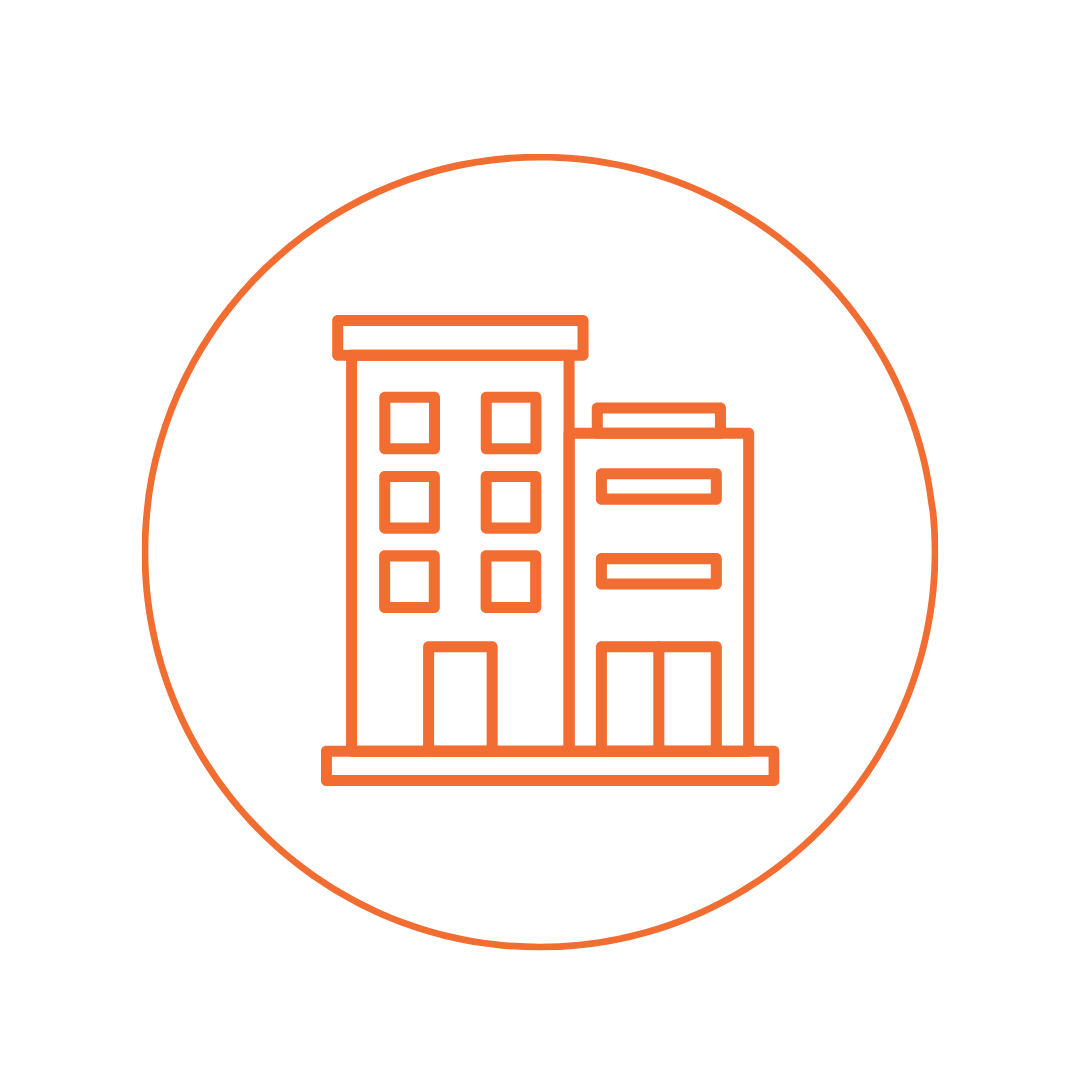 Orange line icon of two buildings inside a circle on black background.