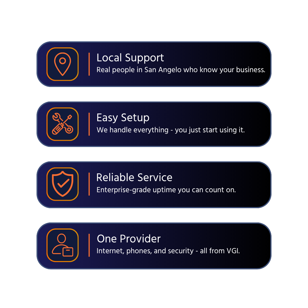Four benefits listed: local support, easy setup, reliable service, one provider with icons.
