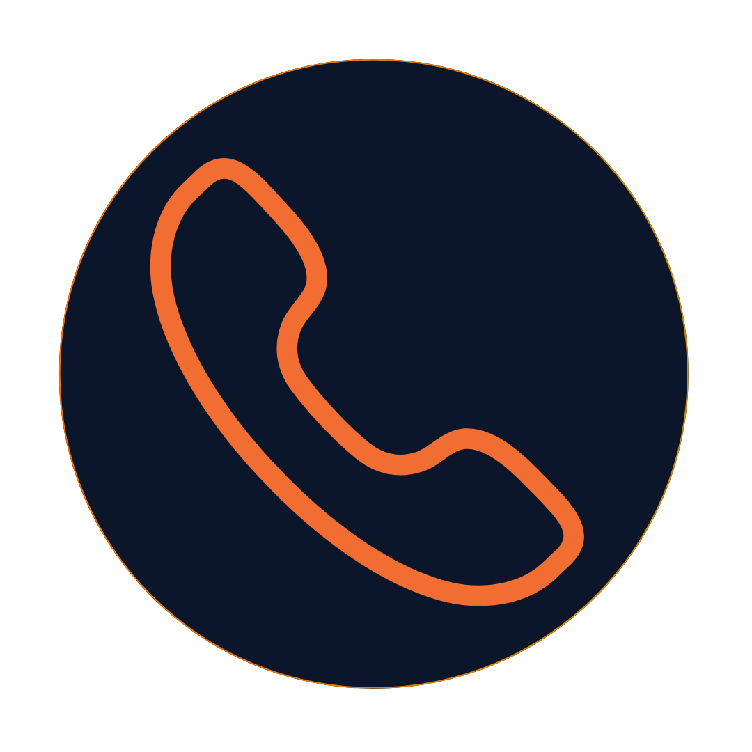 Orange phone handset icon inside a dark blue circle with a thin orange border.