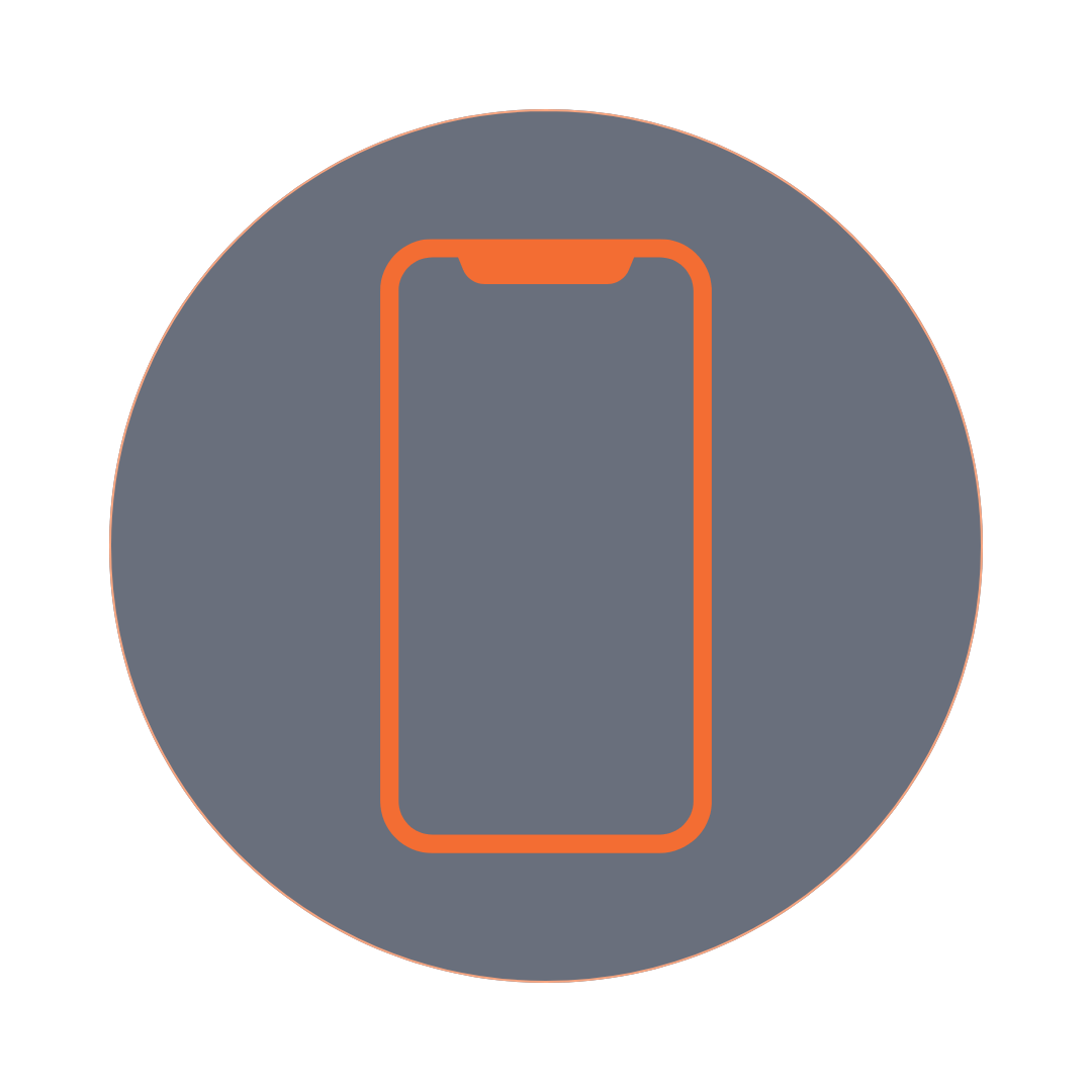 Orange outline of a smartphone inside a dark blue circle with an orange border.