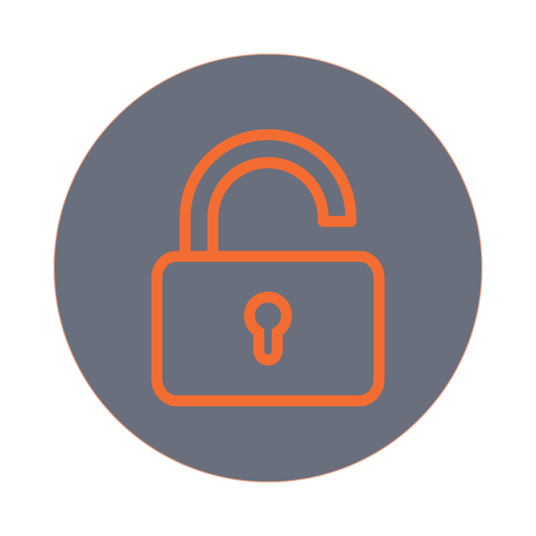 Orange outline of an unlocked padlock inside a dark blue circle with an orange border.
