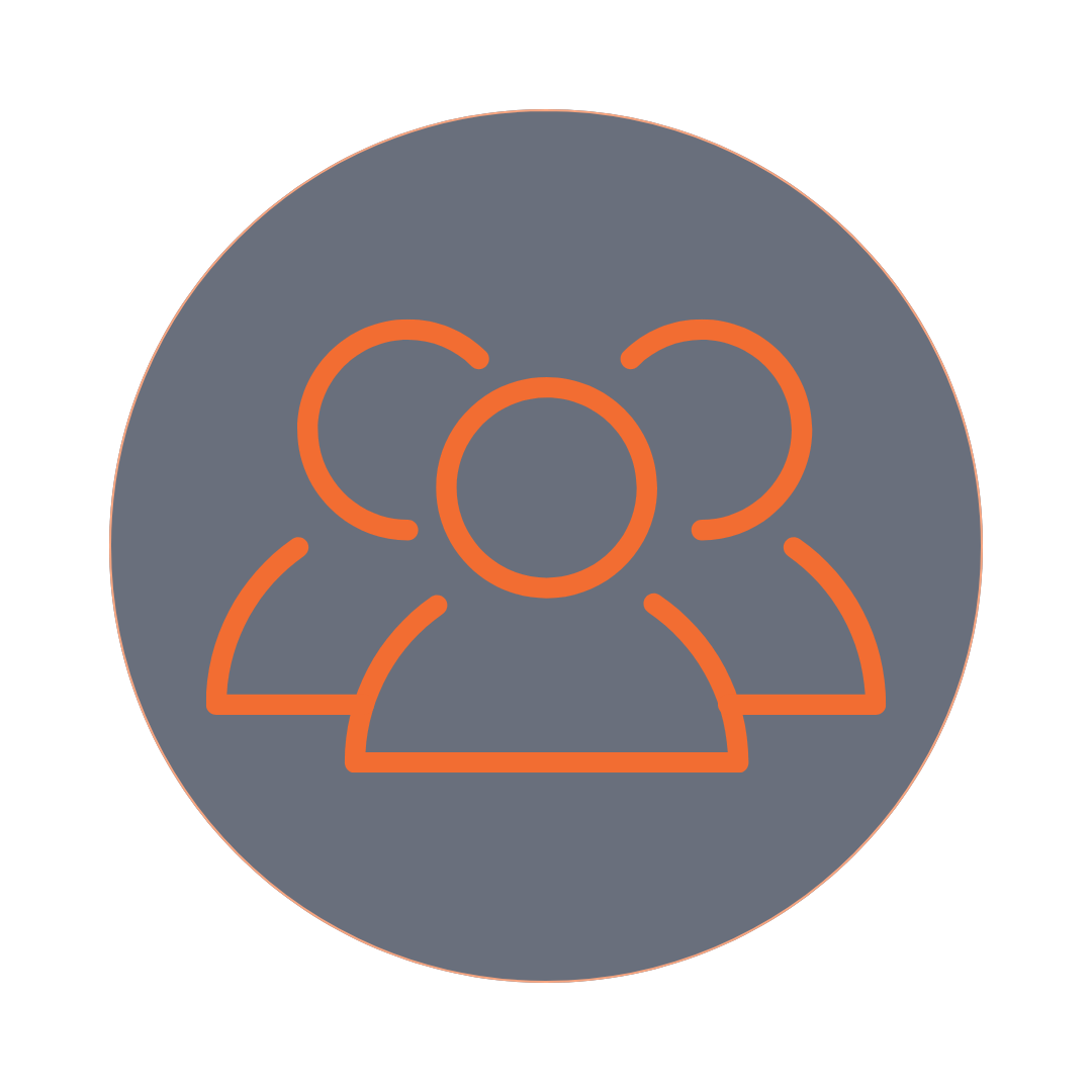 Orange outline icon of three people inside a dark blue circle with thin orange border.