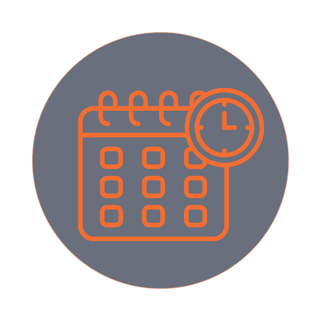 Orange calendar icon with a clock on a dark blue circular background.