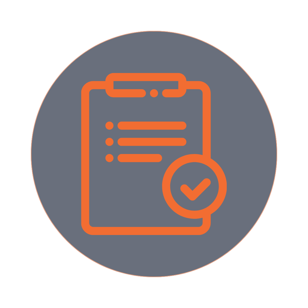 Orange checklist icon with checkmark inside a circle on a dark blue background.