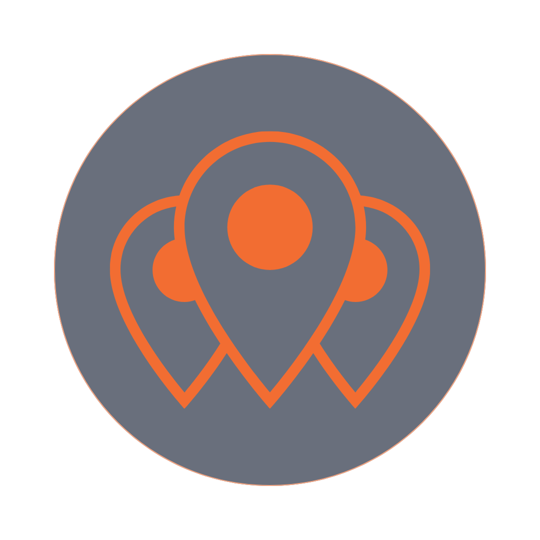 Three orange map location pins overlapping on a dark blue circular background.