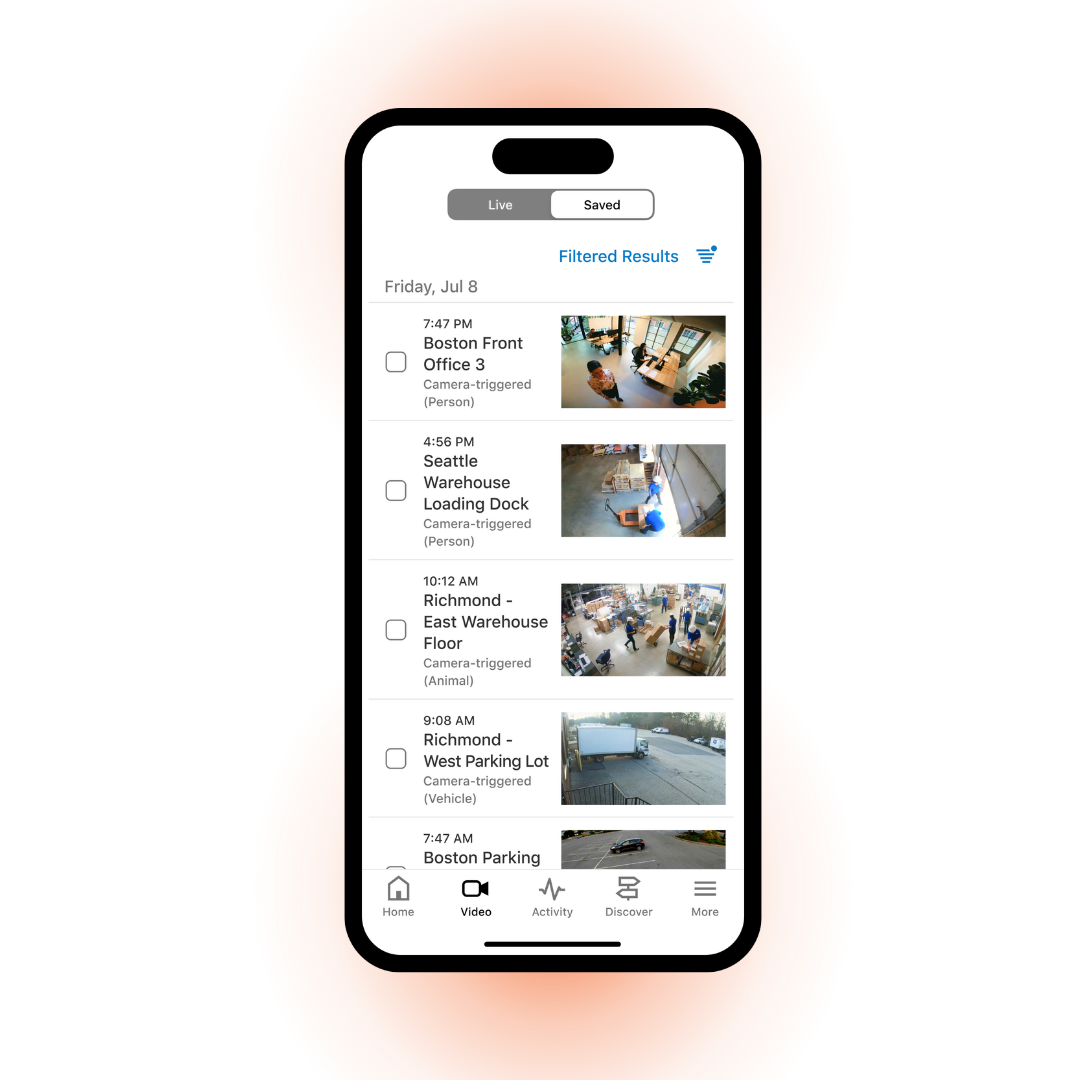 Mobile screen showing saved camera-triggered video clips from various locations with thumbnails and timestamps.
