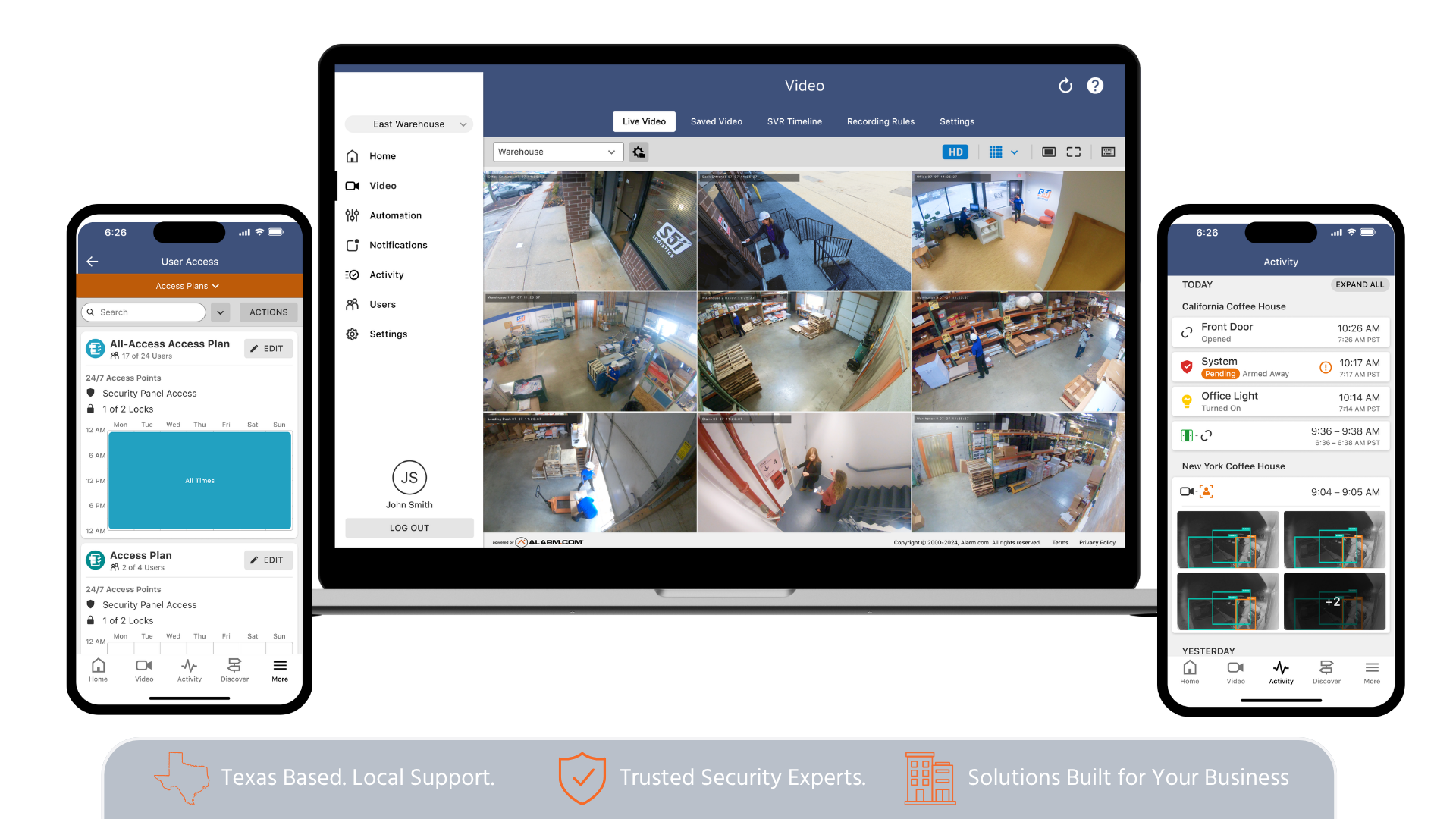 Security dashboard on laptop showing warehouse cameras; phone apps showing user access and activity logs.