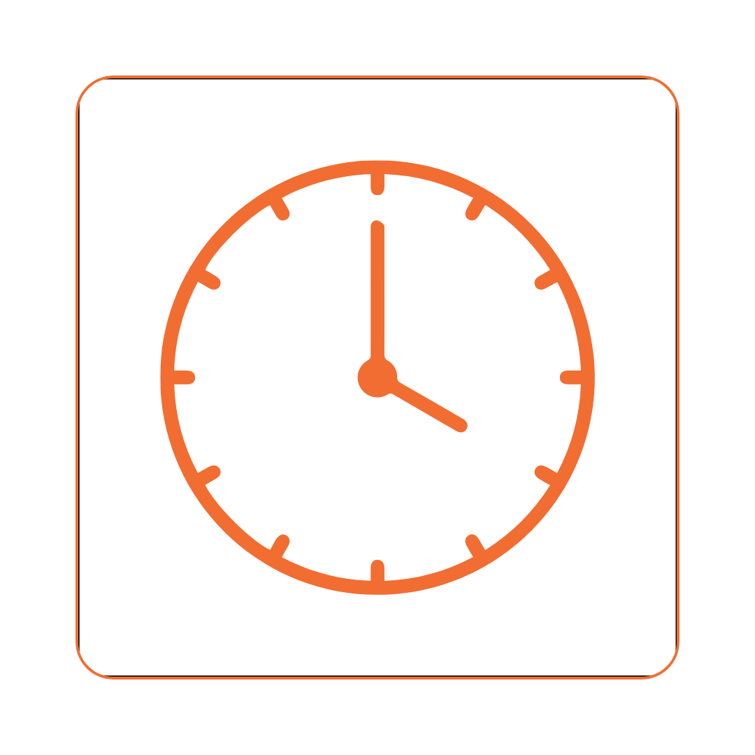 Orange clock icon showing time as 3:00 inside a rounded square outline.