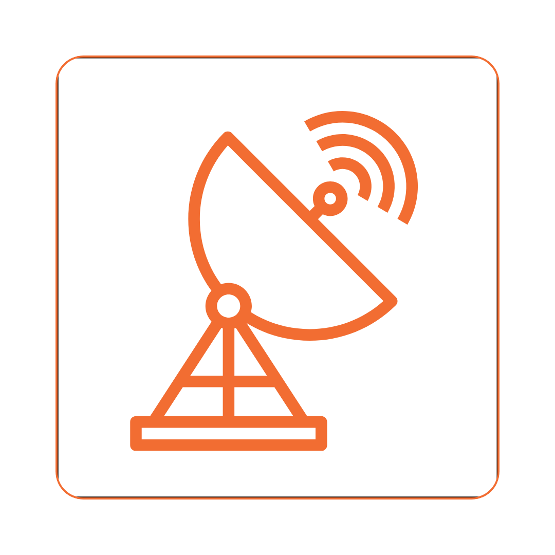 Orange satellite dish icon emitting signal waves on a black background with rounded border.