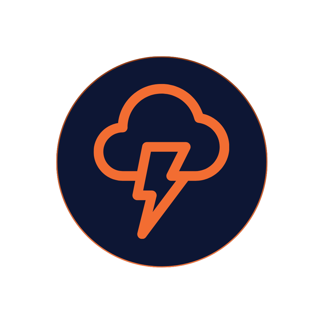 Orange cloud with lightning bolt icon inside dark blue circle with thin orange border.