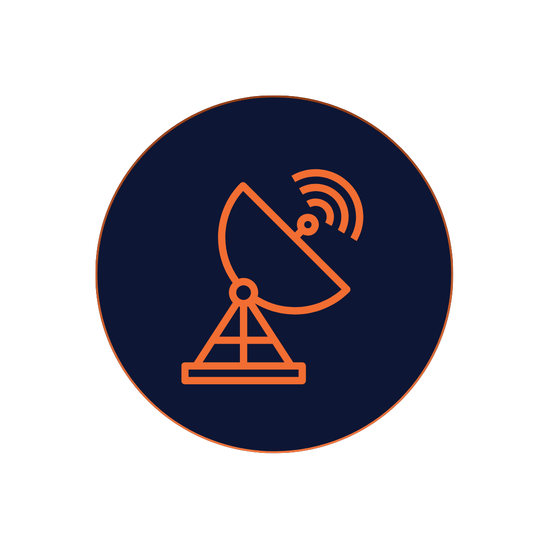 Orange satellite dish icon emitting signal inside a dark blue circle with orange border.