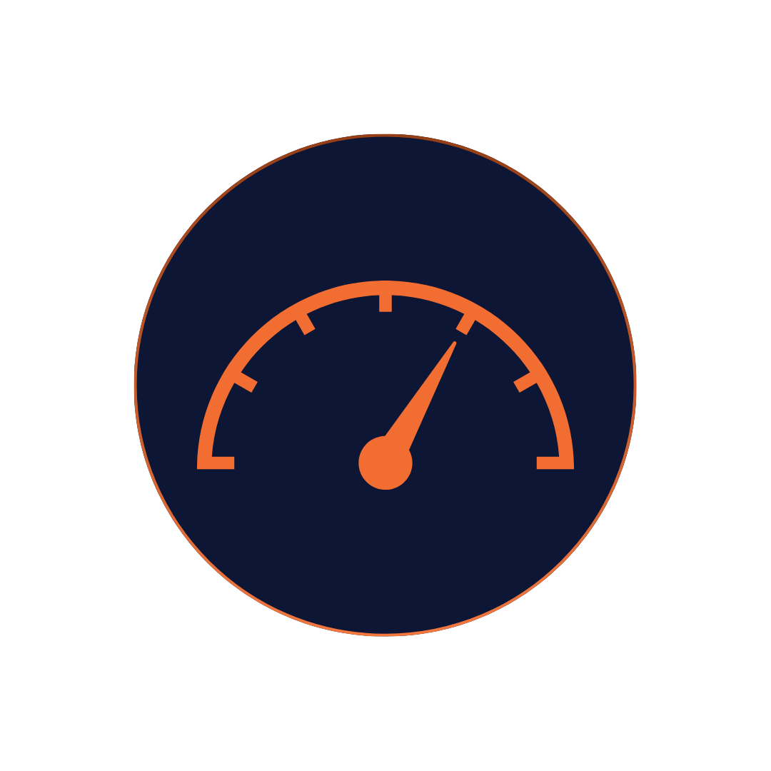 Orange speedometer gauge icon with needle pointing right on a dark blue circular background.