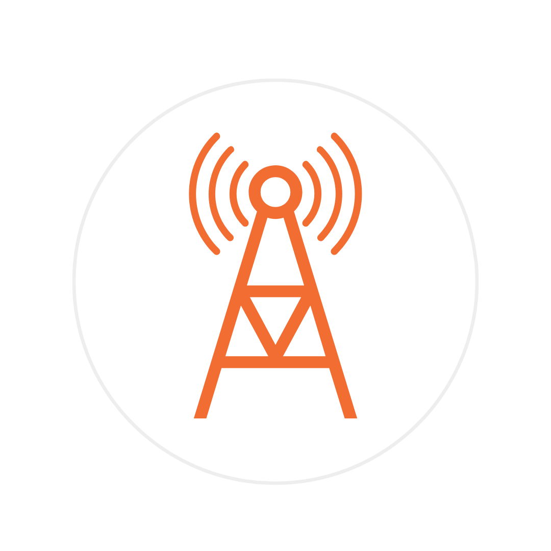 Orange radio tower emitting signal waves inside a grey circular border on black background.