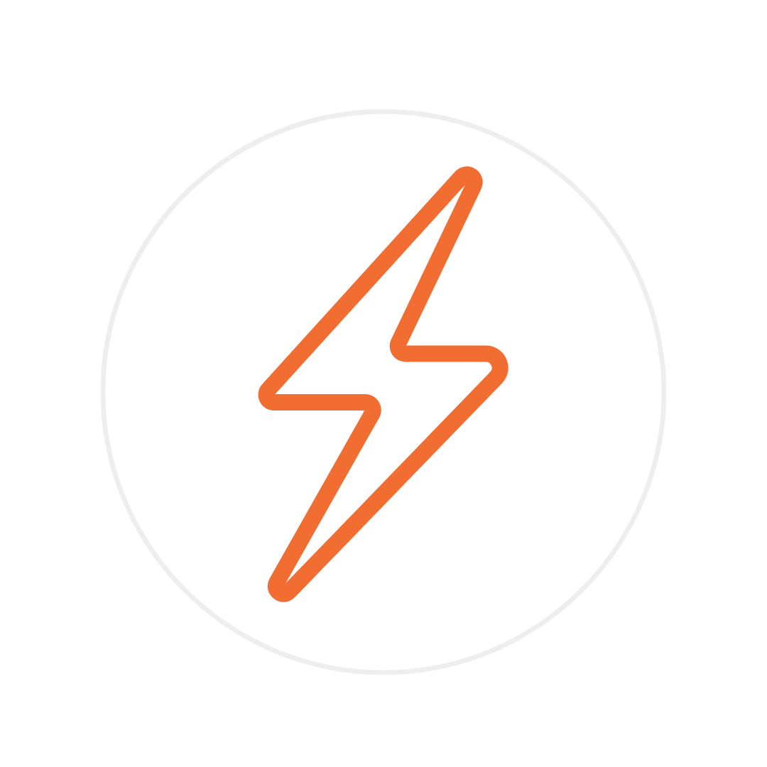 Orange lightning bolt icon inside a gray circle on a black background.