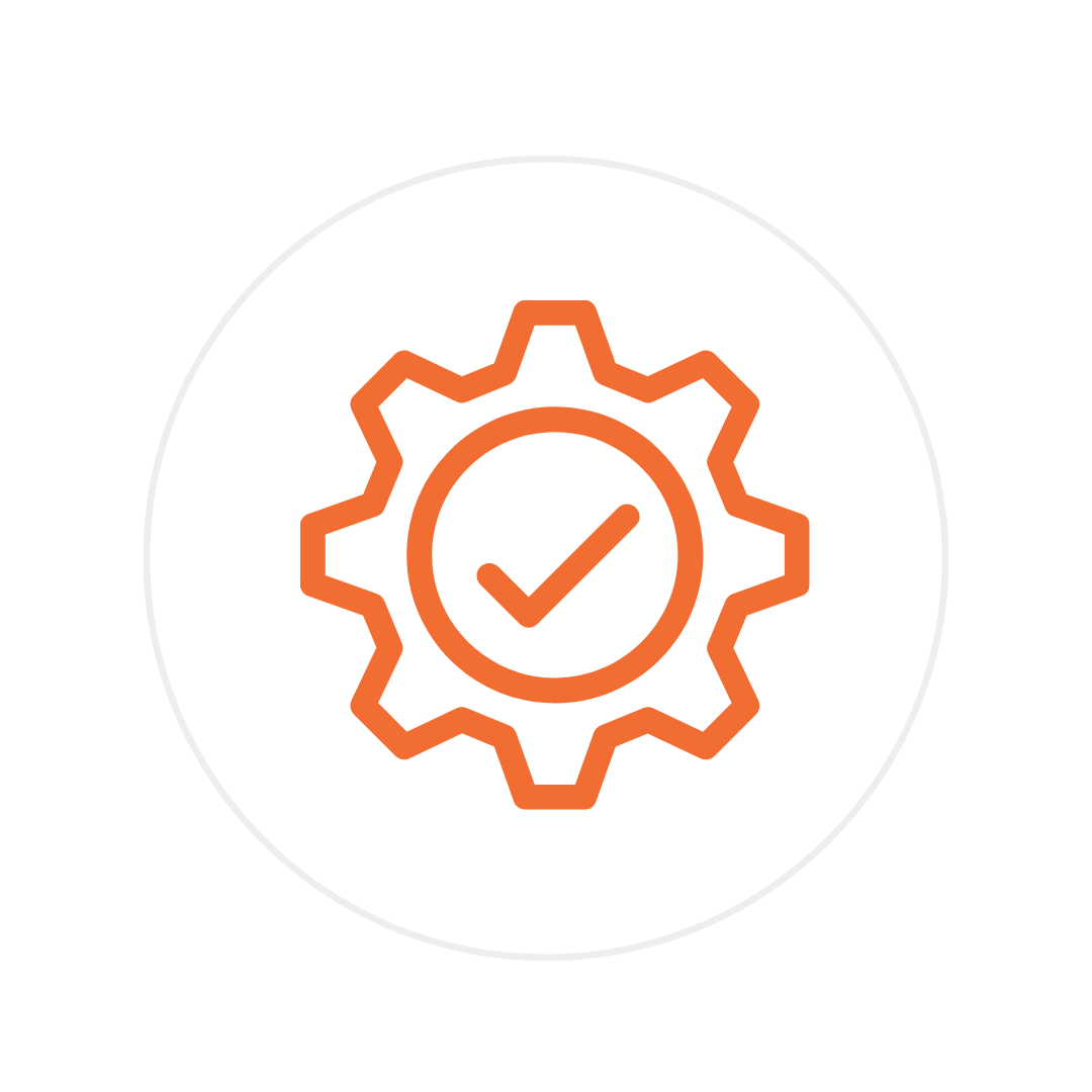 Orange gear icon with a checkmark inside, encircled by a thin gray ring on a black background.