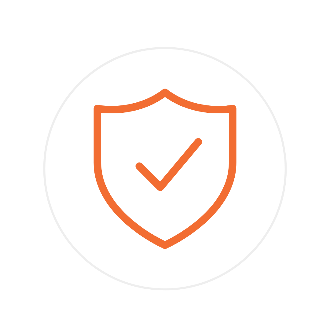 Orange shield with a check mark inside a gray circle representing security or protection.