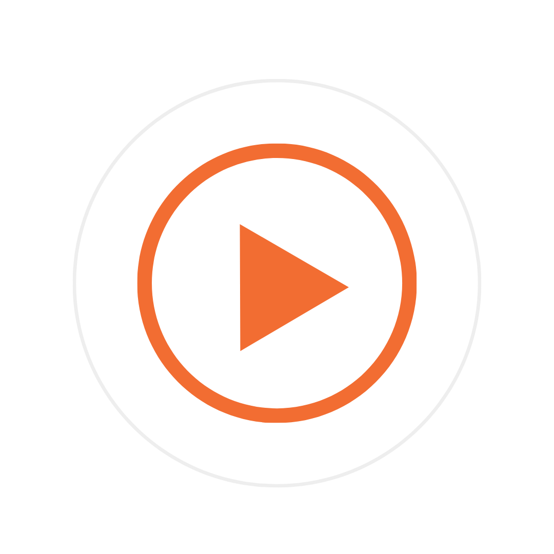 Orange play button icon with two concentric circles on a black background.