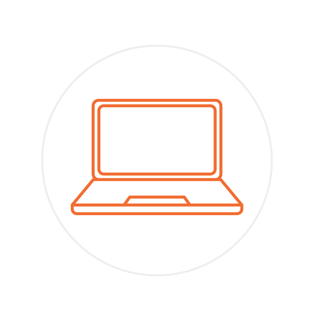 Orange outline of a laptop inside a gray circle on a black background.