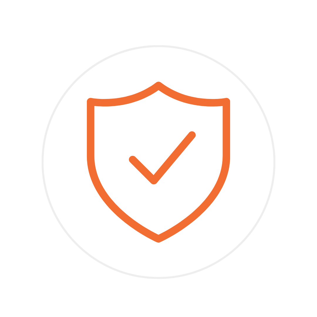Orange shield with checkmark inside a gray circle on black background symbolizing security.