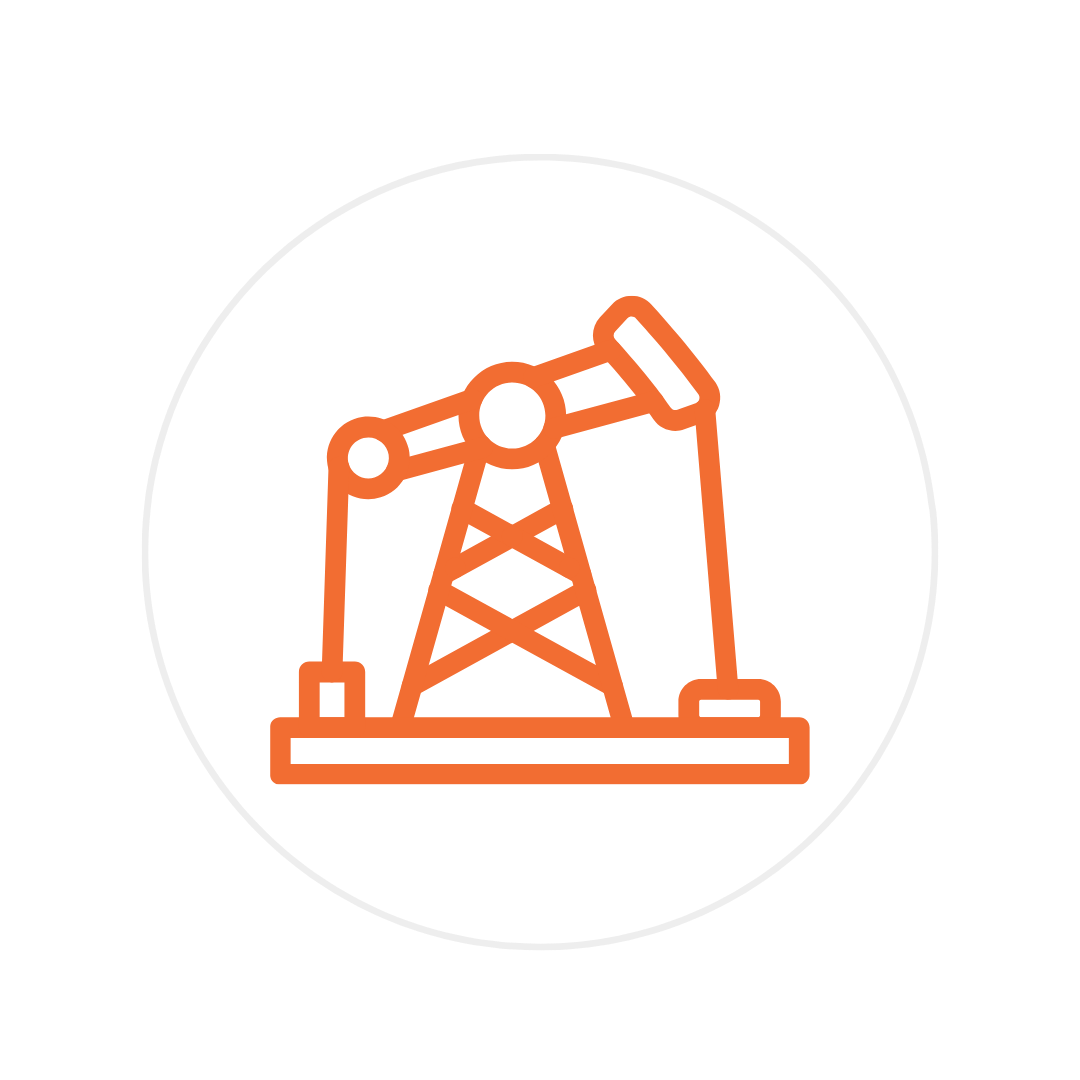 Orange oil pumpjack icon inside a gray circular border on a black background.