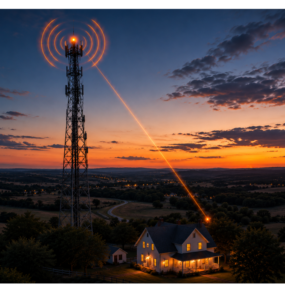 Communication tower emitting signals to a lit house at sunset over a rural landscape.