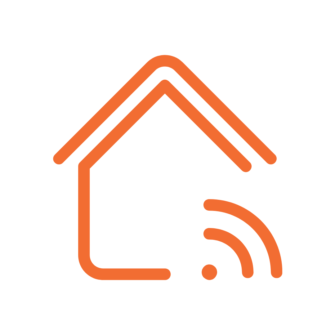 Orange outline of a house with Wi-Fi signal waves on a black background.
