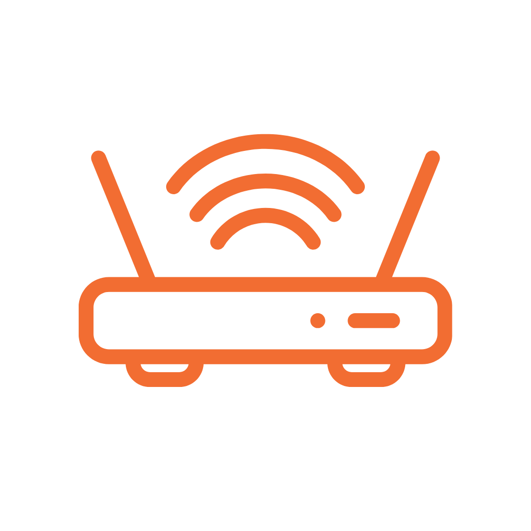 Orange wireless router icon with two antennas and signal waves inside a white circle.
