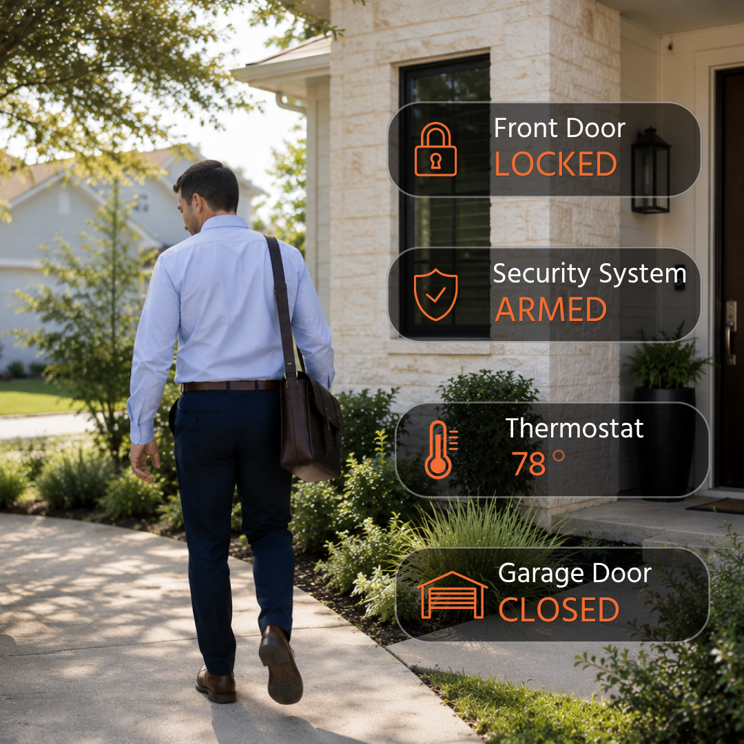 Man walking toward house with digital display showing front door locked, security armed, thermostat 78, garage closed.