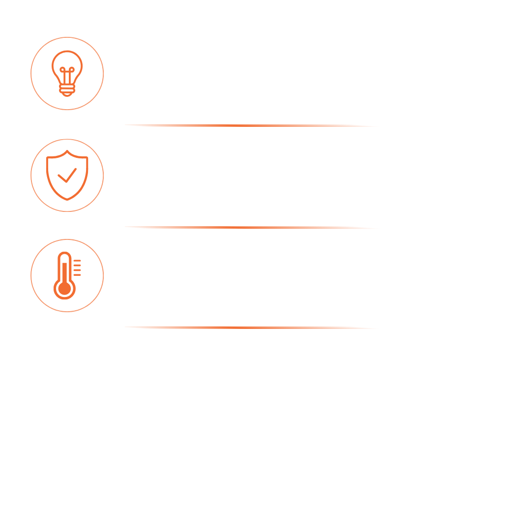 Icons with texts: light bulb for welcome lights, shield for alarm disarms, thermometer for climate ready.