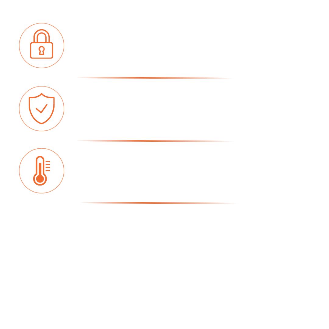 Icons and text for auto arm security, lock every door, and smart energy saving features with orange accents.