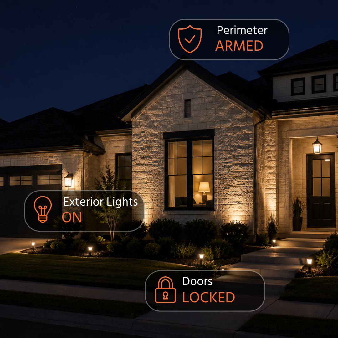 Night view of a house with exterior lights on, doors locked, and perimeter security armed.