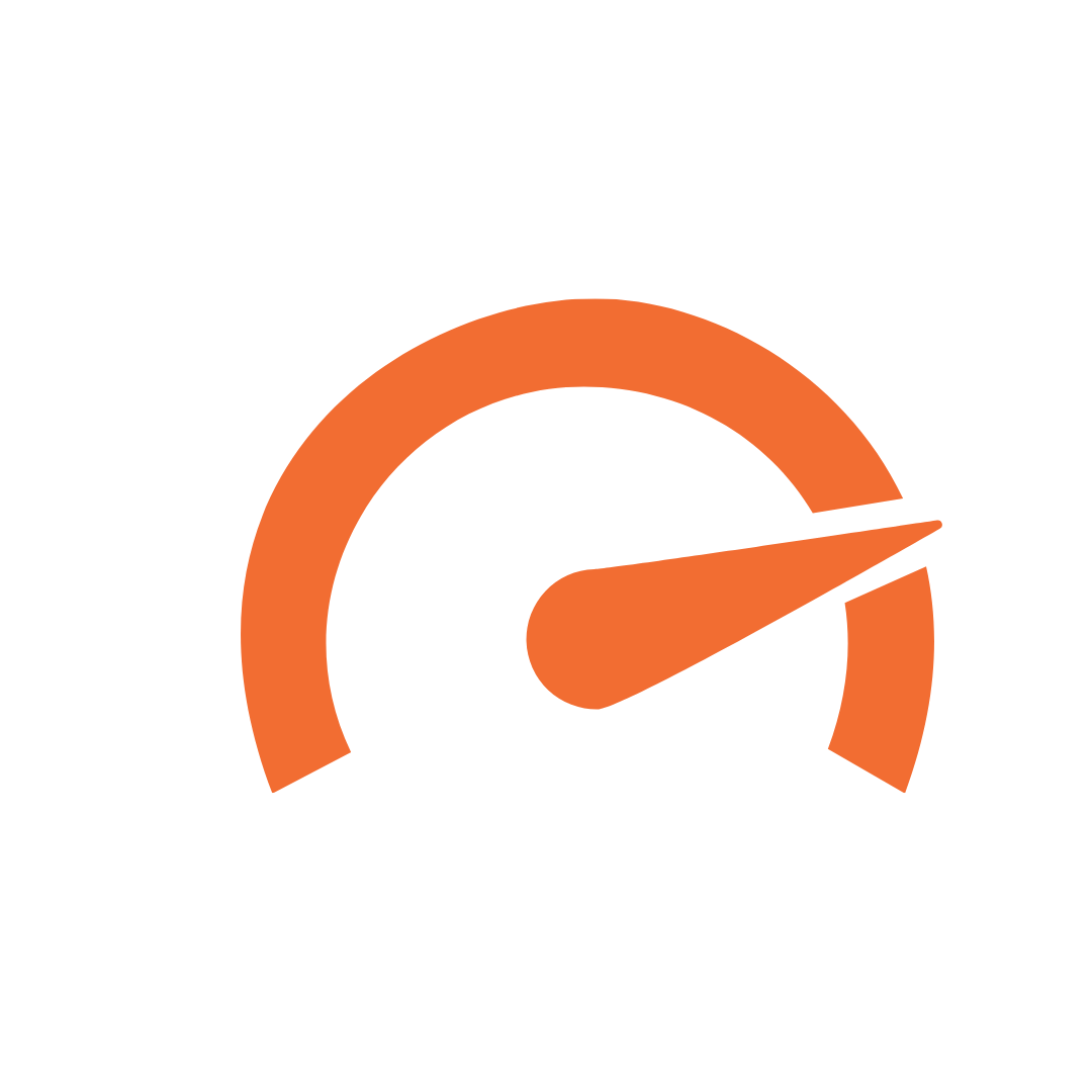 Orange speedometer gauge icon with needle pointing to maximum on a black background.